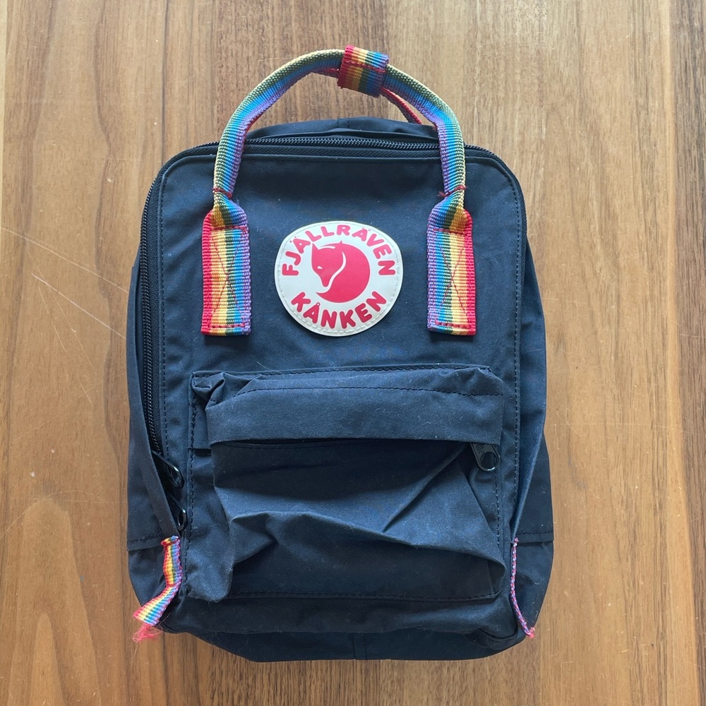 Fjallraven Kanken Mini Black Backpack with Rainbow Straps